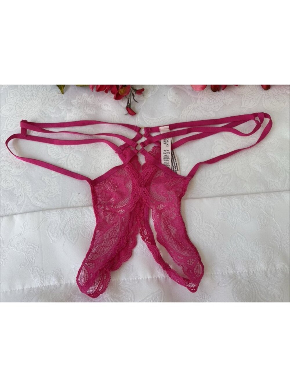 VICTORIA'S SECRET XL PINK STRAPPY OPEN BOTTOM VERY SEXY STRING THONG PANTIES NWT